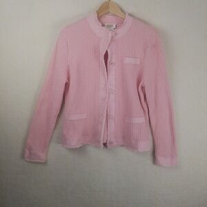 Talbots Pink Textured Knit Cardigan Button Front Collarless Trim Size L cotton